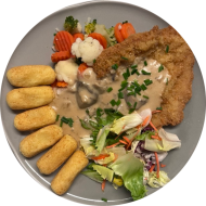 Hähnchenschnitzel auf Champignonrahmsoße (1,3,8,15,19,22,24,44,54,81) dazu verschiedene Gemüse- und Sättigungsbeilagen zur Wahl