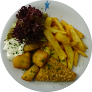 Fischteller mit Backfisch und Fischnuggets (15,16,19,22,56,81) mit Kräutermayonanise (9,15,19,22,81) dazu Kartoffelspalten und Kopfsalat mit Dill