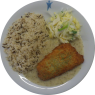 Paniertes Seelachsfilet 'Florentiner Art' mit Spinat und Käse gefüllt (1,15,16,19,49,56,81) an Weißwein-Dill-Soße (19,24,44,49,81) dazu Wildreismischung und Salatgarnitur