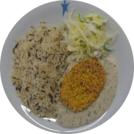 Rote-Beete-Puffer (81) mit Kräutersoße (18,81) dazu Wildreismischung und Salatgarnitur