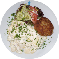 Zwickauer Beefsteak mit Schmorzwiebeln (15,22,49,51,52,81) dazu Kartoffelsalat 'Hausfrauen Art' (2,3,9,15,19,22,51,81)
