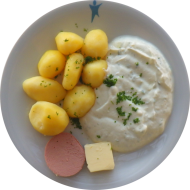 Kräuterquark mit Zwiebel und Kümmel (19) dazu Landleberwurst (2,3,21,22,51,52) und Butterrosette (19) mit Petersilienkartoffeln 