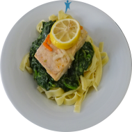Pochierter Wildlachs auf (16,21,56) Rahmspinatbett mit Spaghetti (19,81)