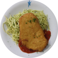 Hähnchenbrust 'Piccata' mit Parmesanpanade (19,81) dazu Tomaten-Basilikum-Soße und Spaghetti (81)
