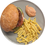 Sie können aus 6 verschiedenen Burgervariationen wählen. Heutige Tagesempfehlung: Burger 'Hawaii' mit Rinderpatty, Teriyakisoße, Bacon, Salat, Ananaschutney und Röstzwiebeln (2,3,18,19,22,24,49,81,83) als Menüoption Pommes und House-Dip (9,22)