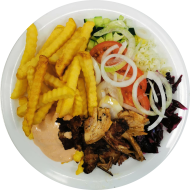 Dönerteller mit Hähnchenkebab, Zwiebel, Tomate, Gurke und Kraut (19,49) oder Panierter Hirtenkäse (19,81,82) dazu Pommes Frites