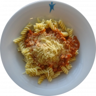 Pastabar (81) mit Hackfleischsoße 'Bologneser Art' (51) und geriebenem Gouda (19) oder Reiberei (1)