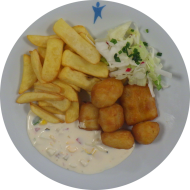 Fish 'n' Chips mit würziger Remouladesoße (8,9,15,16,19,81) dazu Steakhouse Pommes und Salatgarnitur