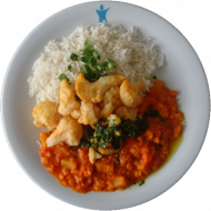 Tandooriblumenkohl mit Linsen-Ananas-Curry (1,2,3,18,22) und Basmatireis
