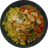 Tandooriblumenkohl mit Linsen-Ananas-Curry (1,2,3,18,22) dazu Zitronenbulgur (81)