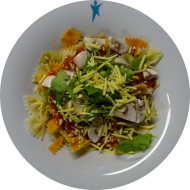 Pastaabend: Farfalle Tricolore mit Rucola, Pilzen, Pinienkerne (19,81) dazu Tomatensoße Napoli (81) und Reiberei (1)