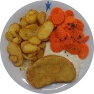 Sellerieschnitzel (21,81) mit Kräutersoße (18,81) dazu Möhrengemüse und Bratkartoffeln
