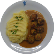 7 Gemüse-Köttbullar (15) an Bratenjus (81) dazu Buttermilch-Kartoffelstampf (19) und kleine Salatgarnitur (9)