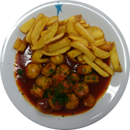 Currywurst 'Weserhaus Art', gebratene Currybockwurstscheiben in pikanter Currysoße (2,3,9,51,52) dazu Steakhouse Pommes und kleine Salatgarnitur (9)