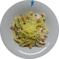 Pastaabend: Pasta 'Primavera' mit Erbsen, Champignons und Schinken (2,3,51,62) dazu Schmelzkäsesoße (1,19,62,81) und geriebener Gouda (19)