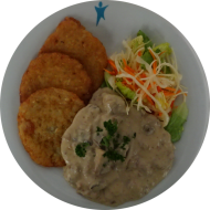 Züricher Kalbsgeschnetzeltes mit Champignons, Weißwein und Sahne (19,24,44,52,81) dazu Röstitaler und Salatgarnitur