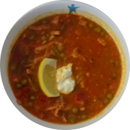 Herzhafte Soljanka mit Schmand, Zitronenecke und Toast (1,2,3,8,9,19,21,22,46,81)