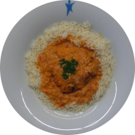 Indisches Butter Chicken mit Knoblauch, Joghurt, Zimt, Honig und Garam Masala (19,48,49,54) dazu Basmatireis