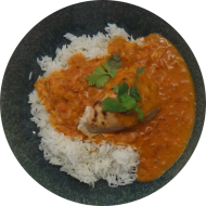 Indisches Butter Chicken mit Knoblauch, Joghurt, Zimt, Honig und Garam Masala Basmati (19,48,54) dazu Basmatireis