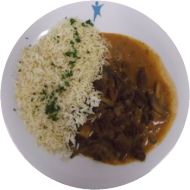 Boeuf 'Stroganoff' mit roter Beete (2,9,19,52) und Reis 