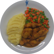 Chicken Nuggets (3,54,81) mit Geflügelrahmsoße (19,49,54,81) dazu Mischgemüse und hausgemachter Kartoffelpüree (19)