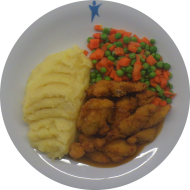 Chicken Nuggets (3,54,81) mit Geflügelsoße (81) dazu Mischgemüse und hausgemachter Kartoffelstampf (18)