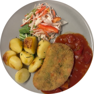 Schnitzelabend: Brokkoli-Nussschnitzel (21,81) an Bratenjus dazu Rosmarinkartoffeln (63) und Salatgarnitur