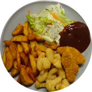 Grillabend: Gemüse Wings (81) oder Blumenkohlnuggets in Backteig (15,81) an BBQ-Dip (9,21) dazu Kartoffelspalten und Salatgarnitur
