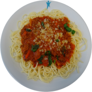 Spaghetti (81) mit 'Sauce Napoli' (81) oder mit Gorgonzola-Kräutersoße (19,24,47) dazu geriebenen Gouda (19) oder Reiberei (1)