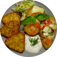 Schnitzelabend: Schnitzel 'Caprese' hausgemacht mit Tomate und Mozzarella gratiniert (15,19,51,81) oder Putenschnitzel Akropolis mit Paprika, Zwiebeln und Hirtenkäse überbacken (19,54,81) an Sour Cream (19) dazu Kartoffelröstiecken und Salatgarnitur