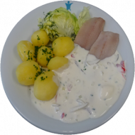 Matjesfilet mit Kräutermayo-Joghurt-Dip (1,2,3,4,9,15,16,19), Petersilienkartoffeln, Garnitur