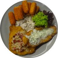Schnitzelabend: Hausgemachtes Hähnchenschnitzel mit Hartkäse-Kräuter-Kruste (15,19,81) oder Westernschnitzel vom Schwein mit Bacon & Onions (2,3,15,81,83) an Rahmchampignons (1,3,19,24,81) und Kroketten (81)