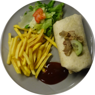 Streetfood: Burrito mit Schweinesteakstreifen und würziger Pfeffercreme (1,19,47,51,81) dazu Rustico Frites