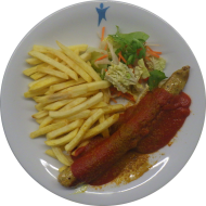 MENSALIEBLING: Curry V-urst Hot & Sweet an 2erlei Soßen (3,9,18,21,49) dazu frittierte Kartoffelstäbchen und Salatgarnitur