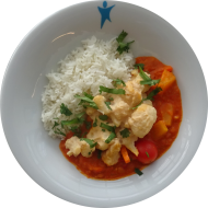 Kleine Portion: Tandooriblumenkohl an Linsen-Ananas-Curry (1,2,3,18,22) und Jasmin-Duftreis
