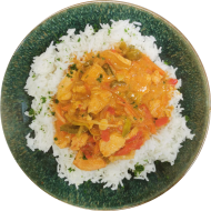 Erdnuss-Chili-Hähnchen (17,18,54,81) dazu Kurkumareis(62)