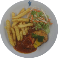 Piri Piri Hähnchen (49,54) dazu Pommes frites und Salatgarnitur