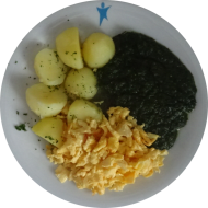 Rührei mit Kräutern (1,15) an Spinat (81) und Petersilienkartoffeln
