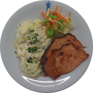 Gebratener Leberkäse (1,2,3,8,21,22) dazu Kartoffelsalat nach 'Hausfrauen Art' (9,15,19,81) und Salatgarnitur