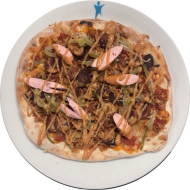 Sie können aus 6 verschiedenen Pizzavariationen wählen. Heutige Tagesempfehlung: Pizza 'Hot Dog' mit Würstchen, Gewürzgurke und Röstzwiebeln (1,2,3,8,9,21,22,46,51,53,81)