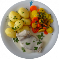 Gedünsteter Seelachs mit Basilikumsoße, buntes Karotten-Gemüse und Petersilienkartoffeln (16,19,81)
