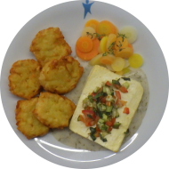 Hirtenkäse mit Gurke und Tomate überbacken (19) an Dillsoße (1,81) dazu glasierte Rainbos Carotts mit Thymiannote (48) und Rustico Taler