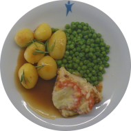 Gebratene Hähnchenbrust mit Tomate und Mozzarella überbacken (19,54) an Geflügelsoße (54,81) dazu Erbsengemüse und Rosmarinkartoffeln (49)