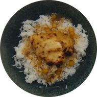 'Pollo con Mango' - Hähnchenbrust in Mango-Marinade (2,18,44,54,81) dazu Basmatireis