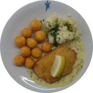 Hähnchenschnitte Nicole mit Frischkäsefüllung und Zitronenecke (19,21,54,81) an Kräuterhollandaise (8,15,19) dazu Blumenkohlgemüse und Pommes Noisette (15)