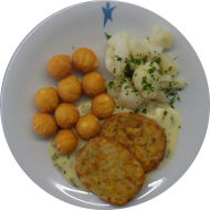 2 Mais-Lauch-Rösti (15,19) an Kräuterhollandaise (8,15,19) dazu Blumenkohlgemüse und Pommes Noisette (15)