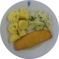 Gebackenes Seelachsfilet (16,19,22,56,81) mit Dillsoße (1,81) dazu Kohlrabigemüse mit frischer Petersilie und Salzkartoffeln