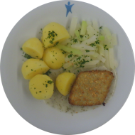 Nuss-Brokkoli-Karree (21,81,84) mit Dillsoße (1,81) dazu Kohlrabigemüse mit frischer Petersilie und Salzkartoffeln