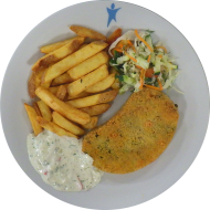 Gemüseschnitzel (81,85) mit Kräuterremoulade (9,22) dazu Rustico frites und Salatgarnitur