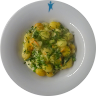 Gebratene Gnocchi mit Gemüse-Gorgonzola-Sahne-Soße und Schnittlauch (15,19,47)